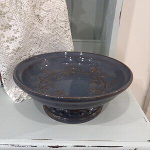 Ceramic Pedestal Blue Stoneware Pottery Serving 9" Decorative Accent Footed Bowl